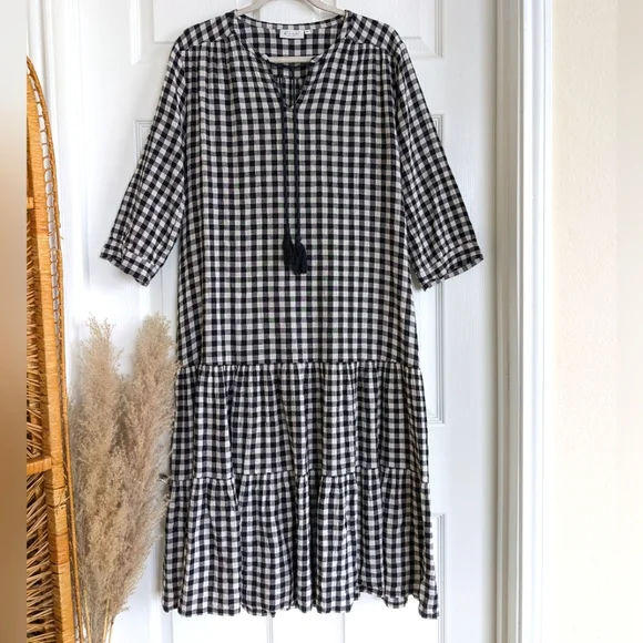 Black and White Gingham Midi Dress with Tassel Tie - Picture 6 of 12